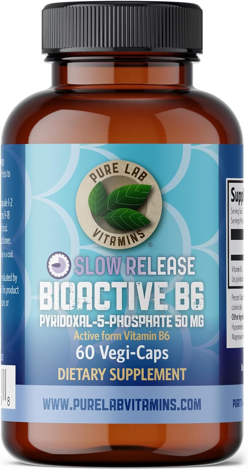 Bioactive B6 Supplement - Pyridoxal-5-Phosphate (P-5-P) - 60 Vegan Caps by Pure Lab Vitamins (DRC-Delayed Release Caps) - Gluten Free Made in Canada