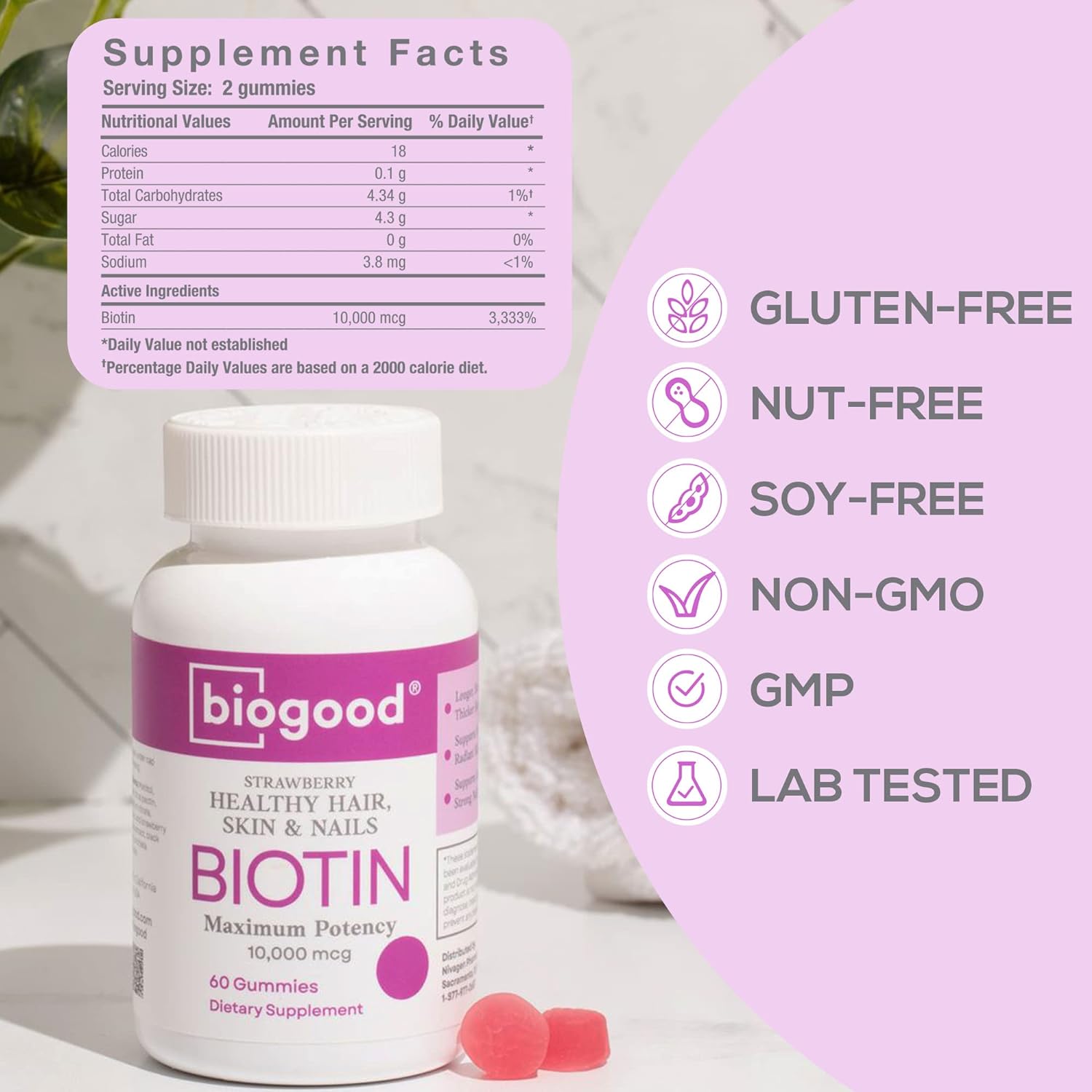 Biogood Biotin Hair Skin Nails Non-GMO Womens Multivitamin Gummy with 10,000 mcg Biotin Strawberry Flavor, 60 Count