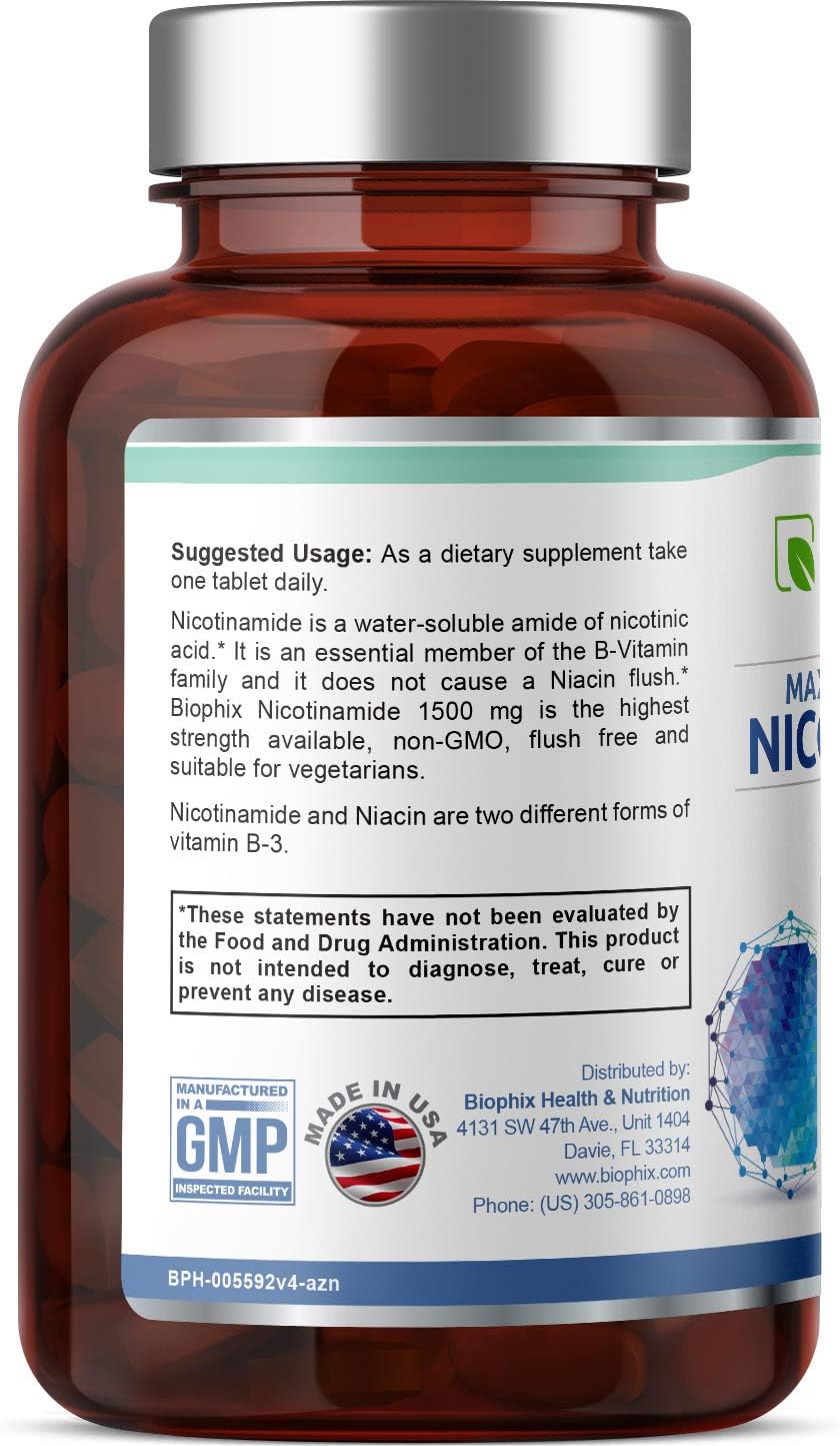 biophix B-3 Nicotinamide 1500 mg 60 Tablets Maximum Strength Timed Release - Nicotinic Amide Niacin Natural Flush-Free Vitamin Formula - Supports Skin Cell Health