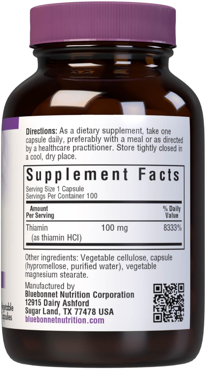 Bluebonnet Vitamin B-1 100 mg Vegetable Capsules, 100 Count