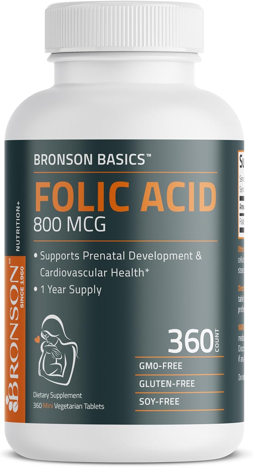 Bronson Folic Acid 800 MCG Supports Prenatal Development, 1 Year Supply, Non-GMO, 360 Tablets