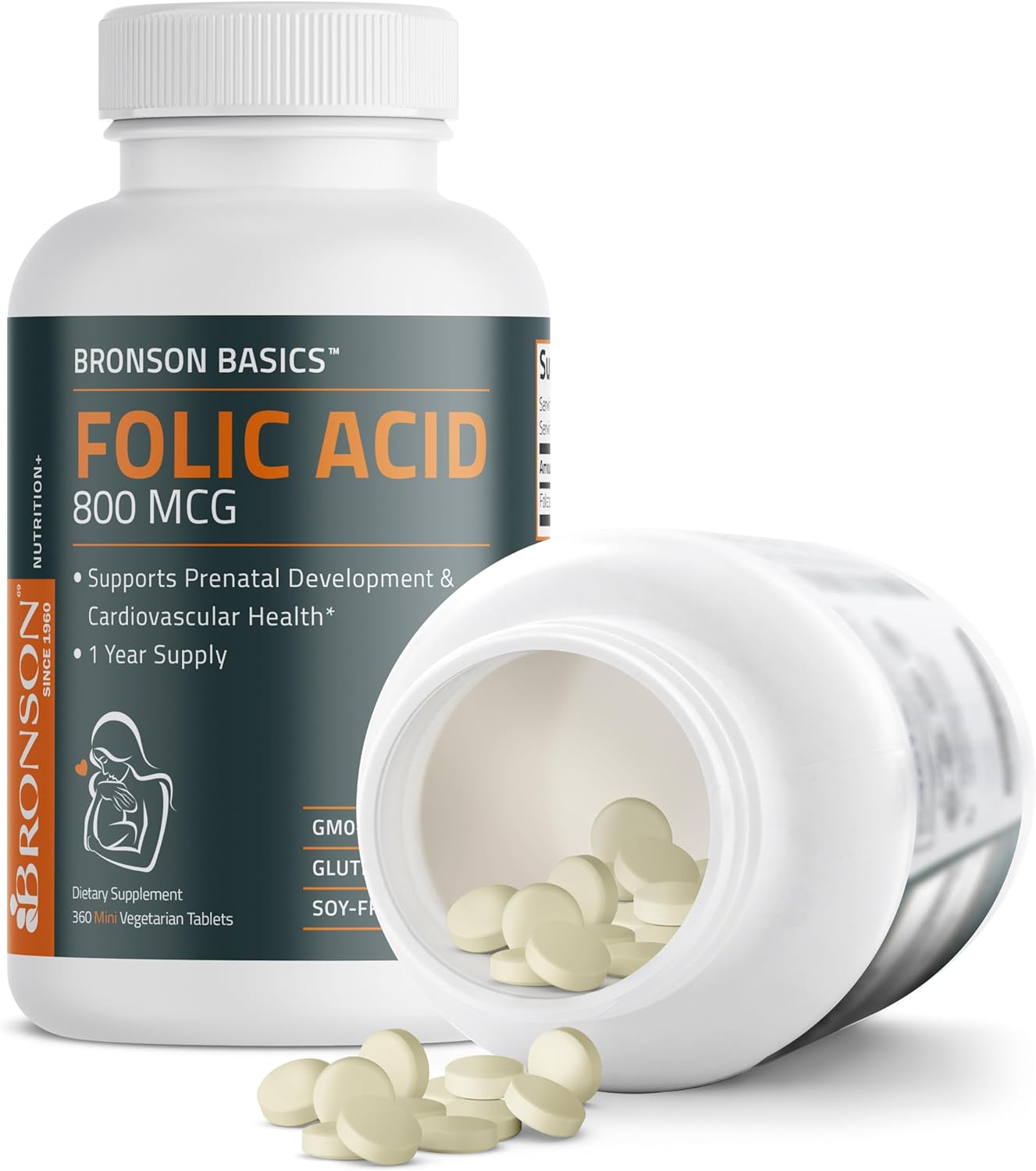 Bronson Folic Acid 800 MCG Supports Prenatal Development, 1 Year Supply, Non-GMO, 360 Tablets