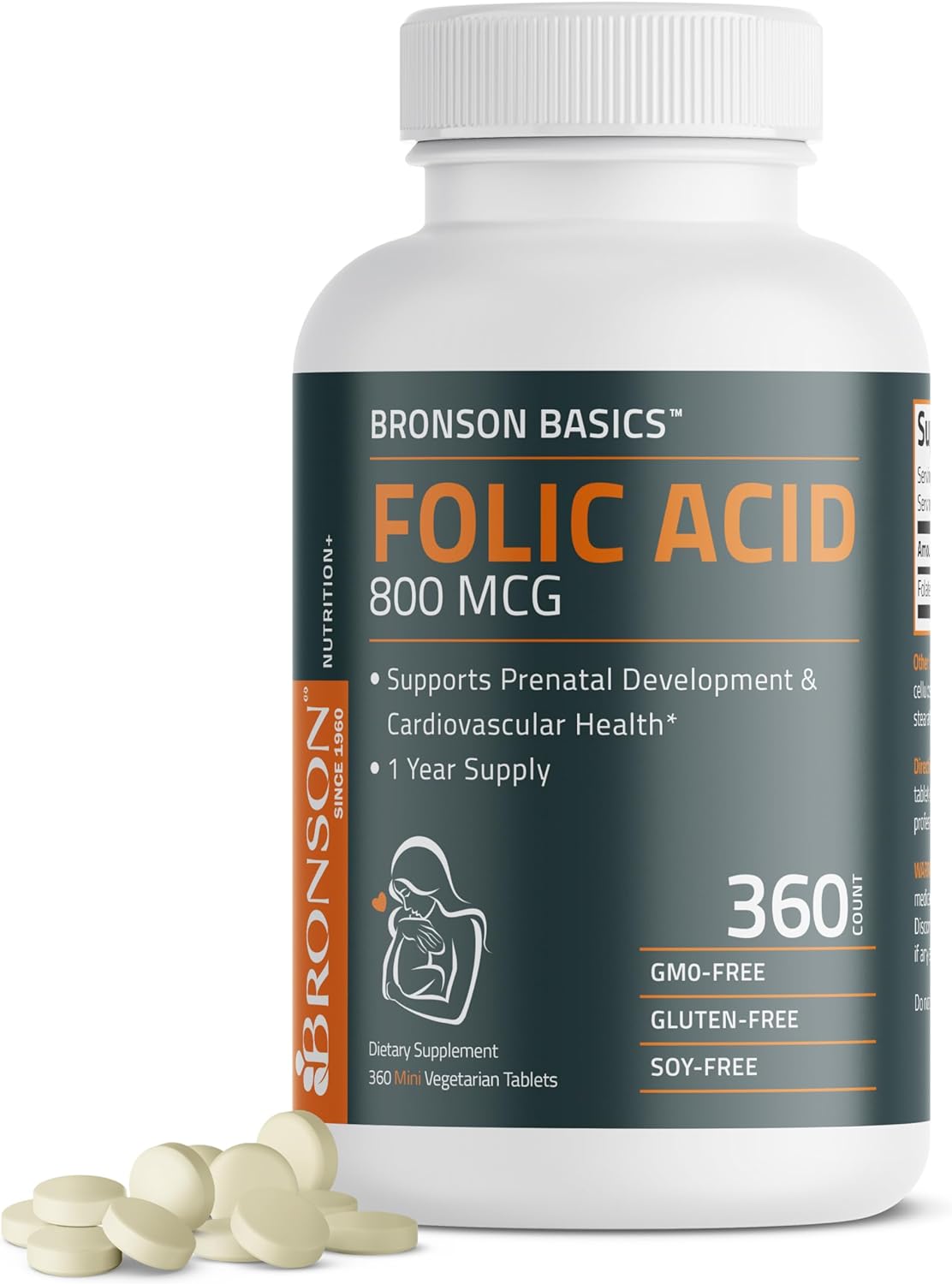 Bronson Folic Acid 800 MCG Supports Prenatal Development, 1 Year Supply, Non-GMO, 360 Tablets