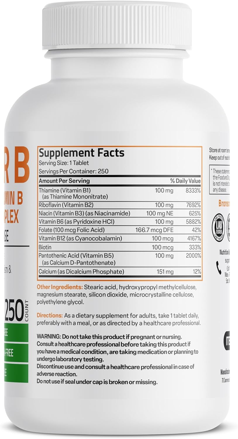 Bronson Vitamin B 100 Complex High Potency Sustained Release (Vitamin B1, B2, B3, B6, B9 - Folic Acid, B12), 60 Tablets