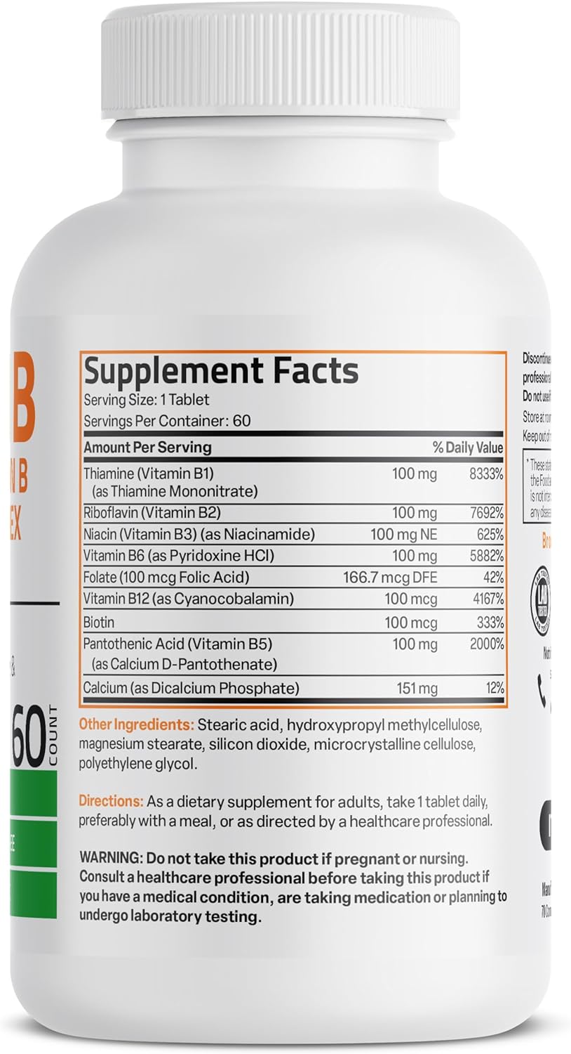 Bronson Vitamin B 100 Complex High Potency Sustained Release (Vitamin B1, B2, B3, B6, B9 - Folic Acid, B12), 60 Tablets