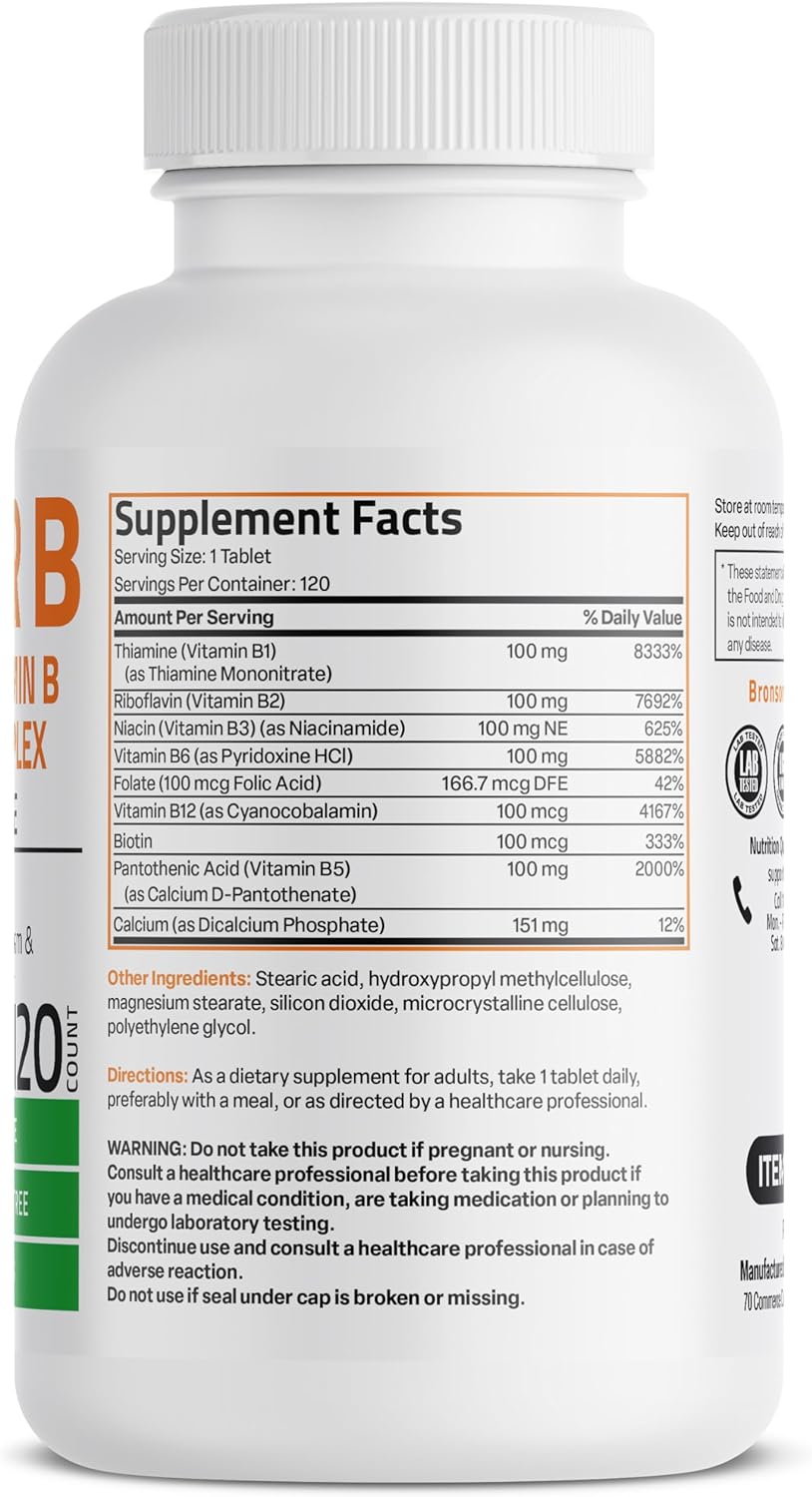 Bronson Vitamin B 100 Complex High Potency Sustained Release (Vitamin B1, B2, B3, B6, B9 - Folic Acid, B12), 60 Tablets