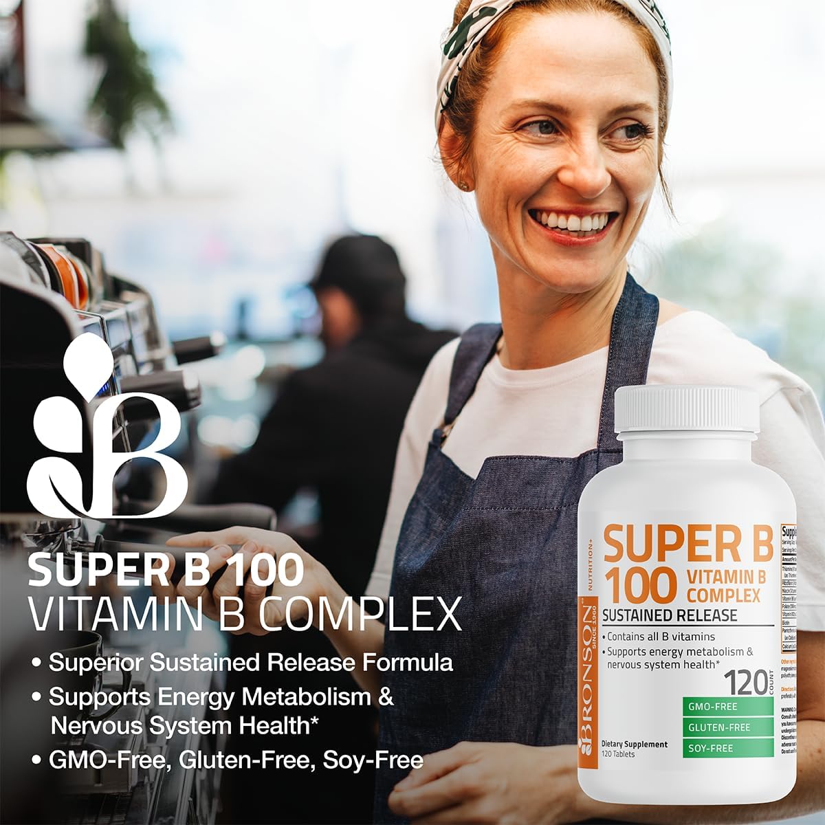 Bronson Vitamin B 100 Complex High Potency Sustained Release (Vitamin B1, B2, B3, B6, B9 - Folic Acid, B12), 60 Tablets