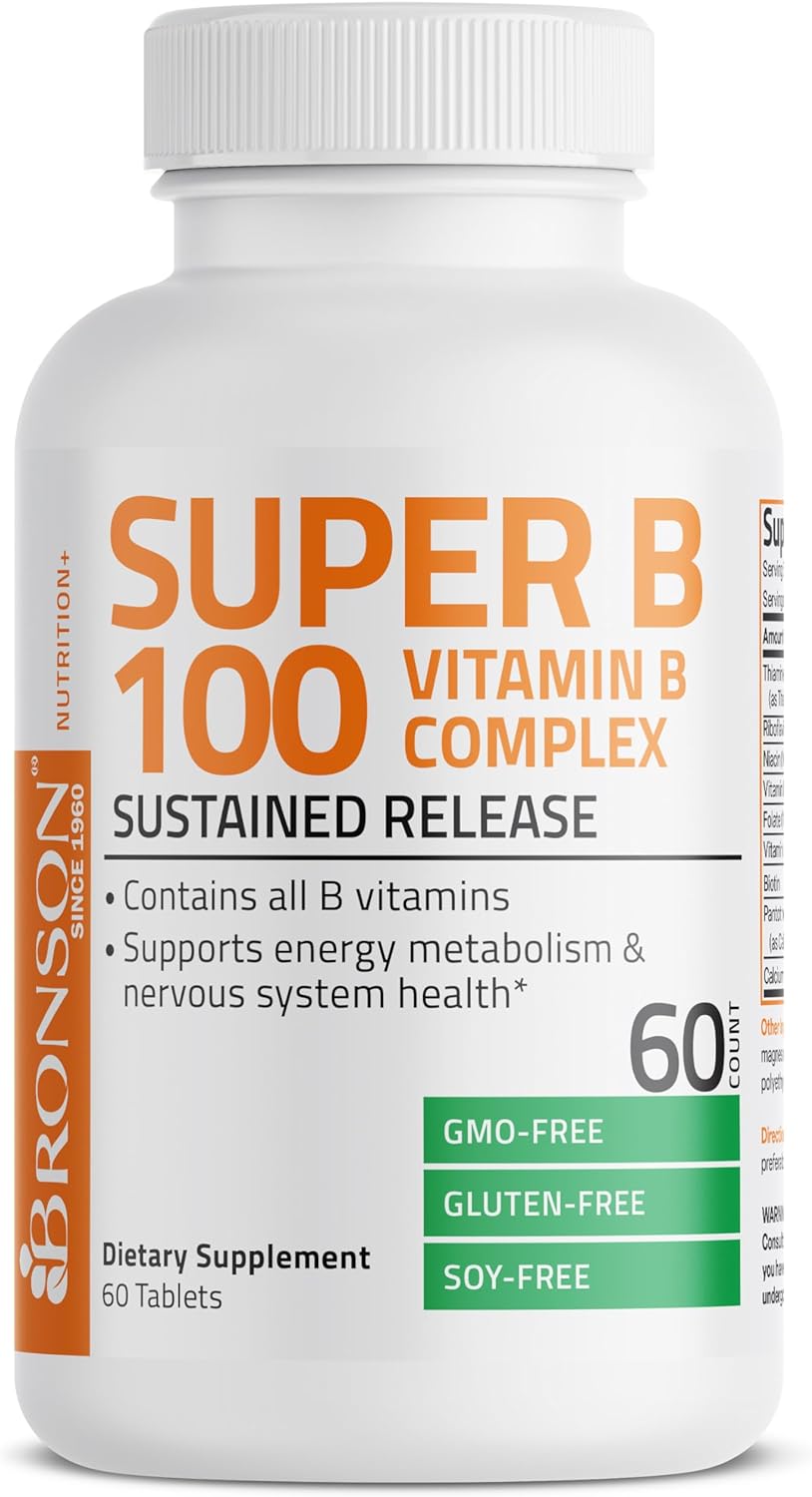 Bronson Vitamin B 100 Complex High Potency Sustained Release (Vitamin B1, B2, B3, B6, B9 - Folic Acid, B12), 60 Tablets