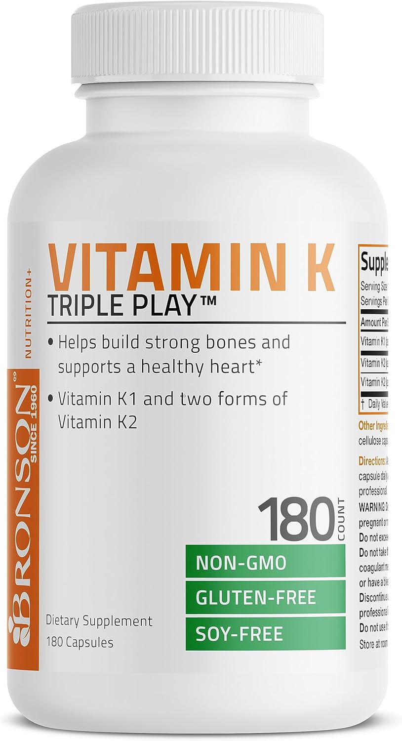 Bronson Vitamin K Triple Play (Vitamin K2 MK7 / Vitamin K2 MK4 / Vitamin K1) Full Spectrum Complex Vitamin K Supplement, 90 Capsules