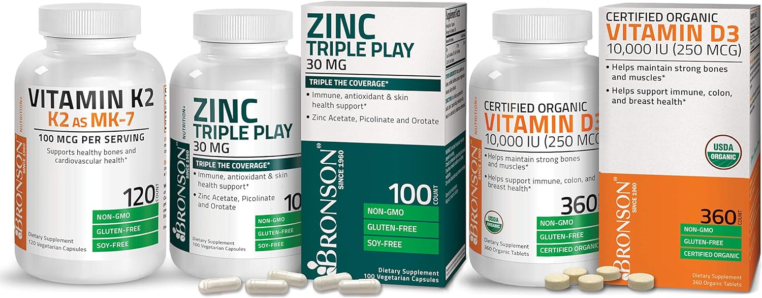 Bronson Vitamin K2 as MK-7 Menaquinone 100 mcg 120 Capsules + Vitamin D3 10,000 IU 360 Tablets + Zinc Triple Play 30 mg 100 Capsules
