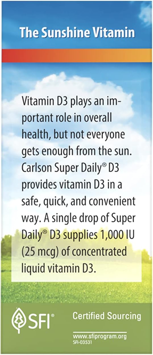 Carlson - Super Daily D3, Vitamin D Drops, 1,000 IU (25 mcg) per Drop, 1-Year Supply, Vitamin D3 Liquid, Heart  Immune Health, Vegetarian, Liquid Vitamin D3 Drops, Unflavored, 365 Drops