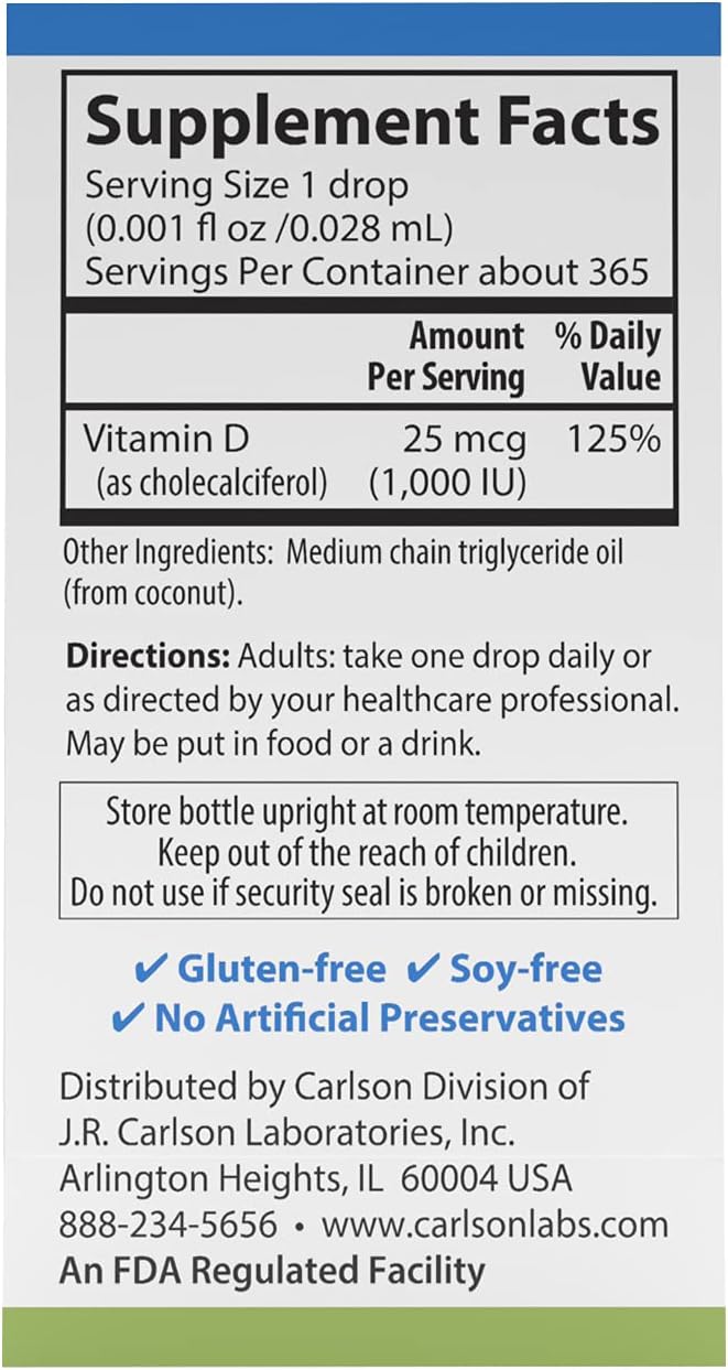 Carlson - Super Daily D3, Vitamin D Drops, 1,000 IU (25 mcg) per Drop, 1-Year Supply, Vitamin D3 Liquid, Heart  Immune Health, Vegetarian, Liquid Vitamin D3 Drops, Unflavored, 365 Drops