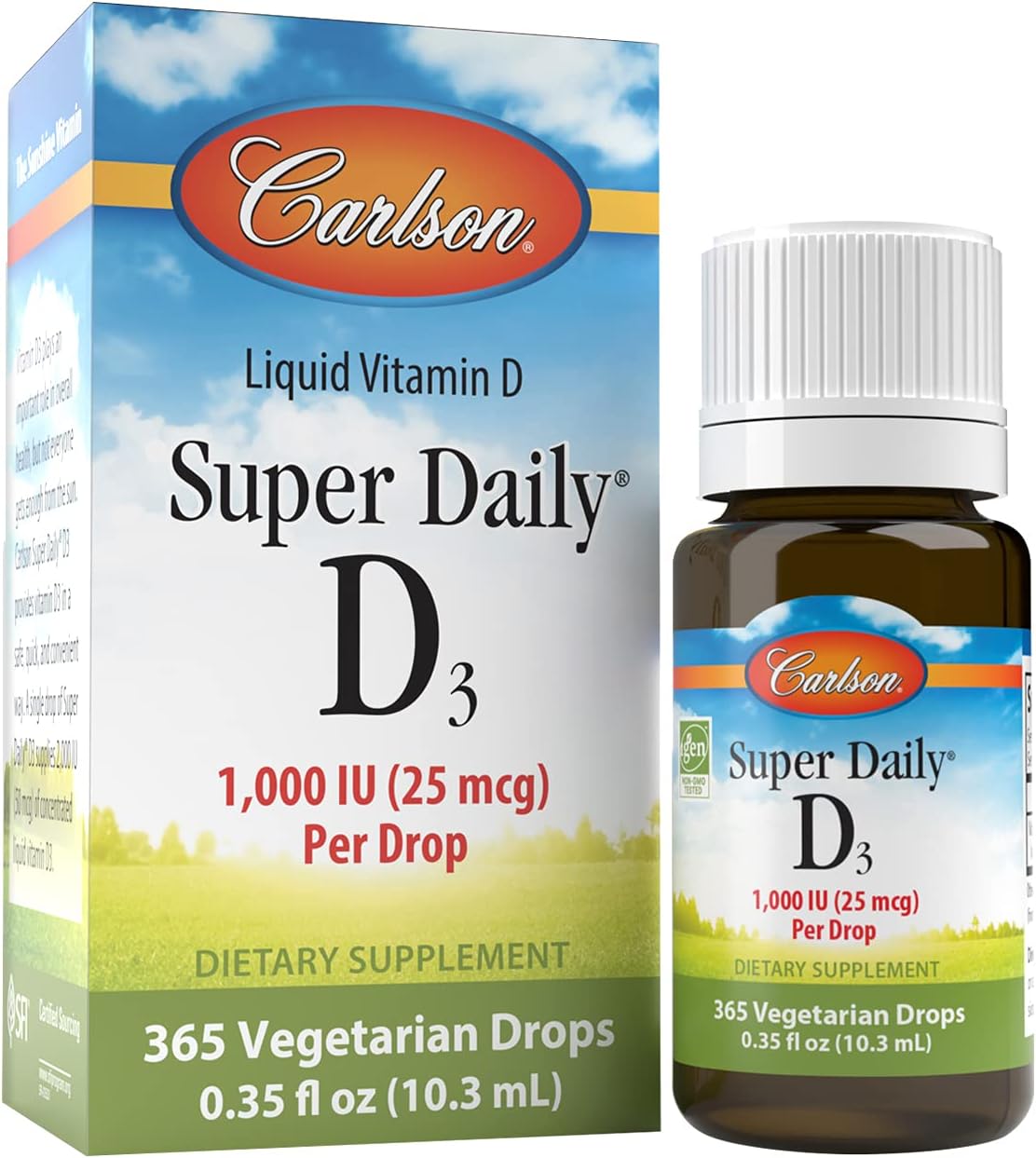 Carlson - Super Daily D3, Vitamin D Drops, 1,000 IU (25 mcg) per Drop, 1-Year Supply, Vitamin D3 Liquid, Heart  Immune Health, Vegetarian, Liquid Vitamin D3 Drops, Unflavored, 365 Drops