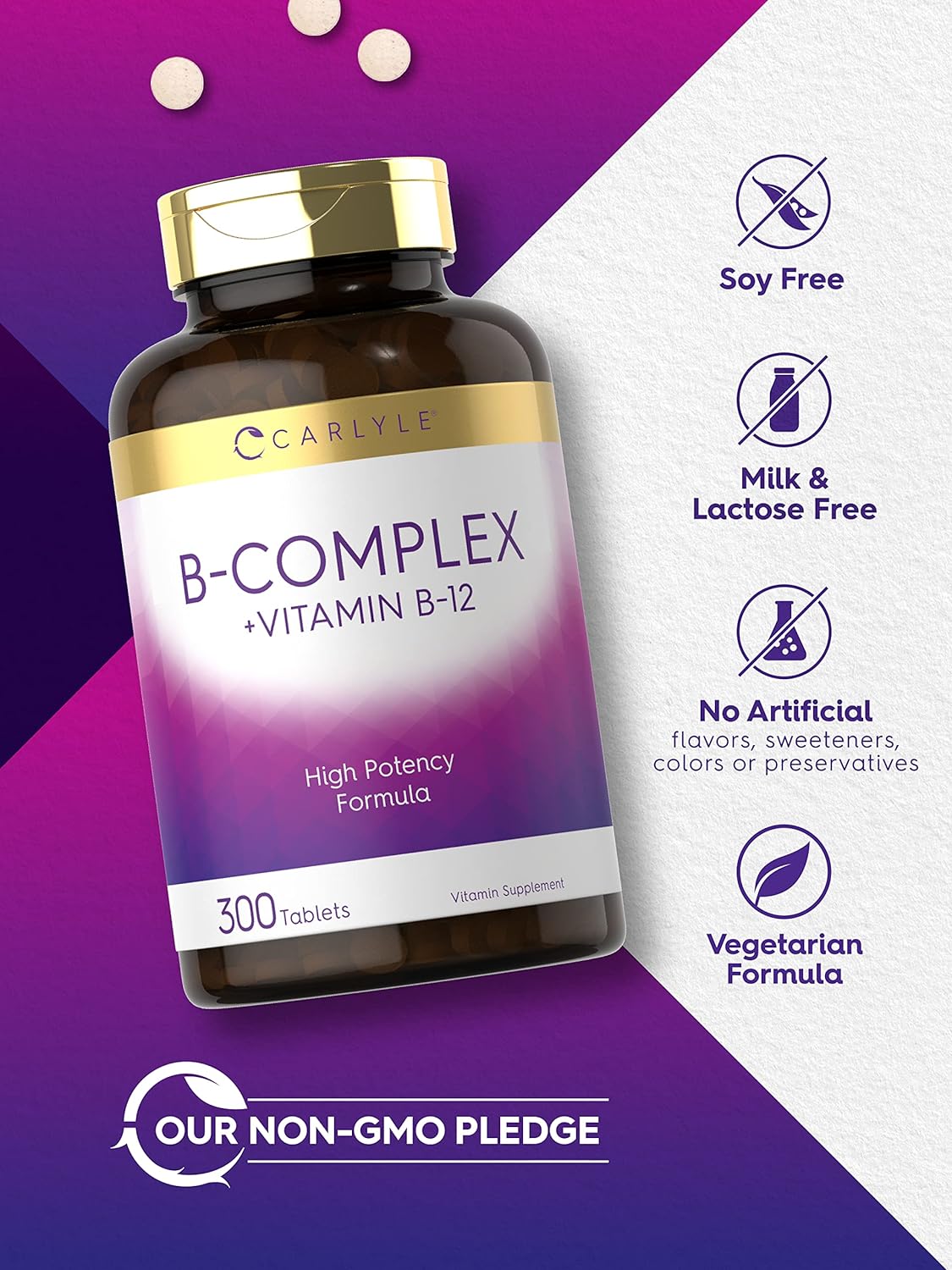 Carlyle B Complex Vitamin with B12 | 300 Tablets | High Potency Formula | Vegetarian and Non-GMO Supplement