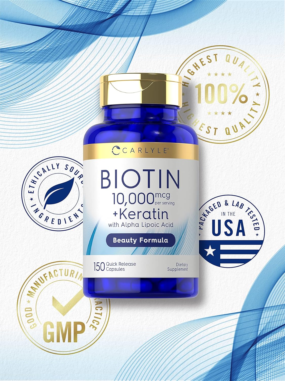 Carlyle Biotin 10000mcg | 150 Capsules | Beauty Formula with Keratin | Non-GMO, Gluten Free Supplement