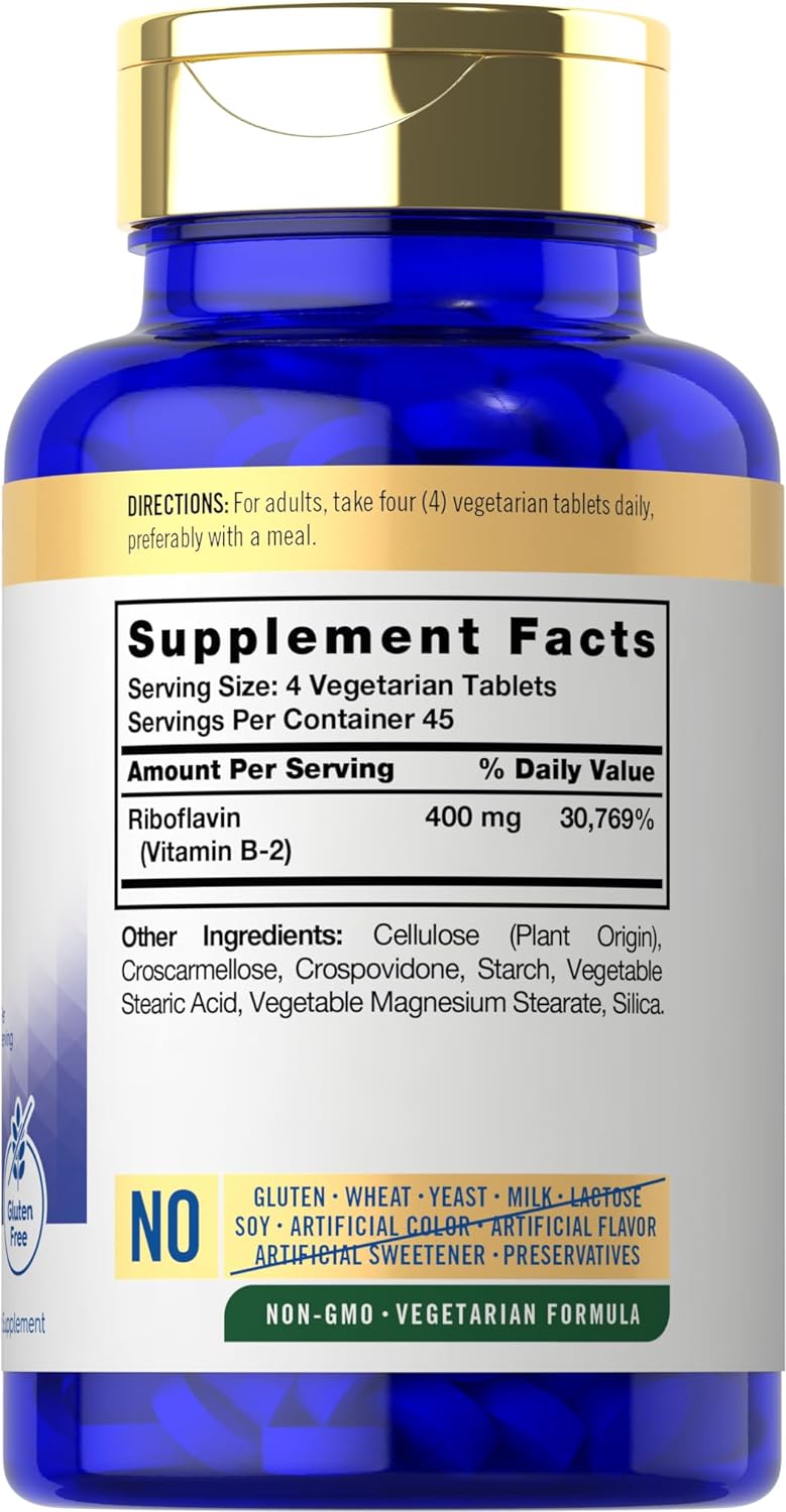 Carlyle Vitamin B-2 400mg | 180 Tablets | Vegetarian, Non-GMO, Gluten Free Supplement | Vitamin B2 Riboflavin