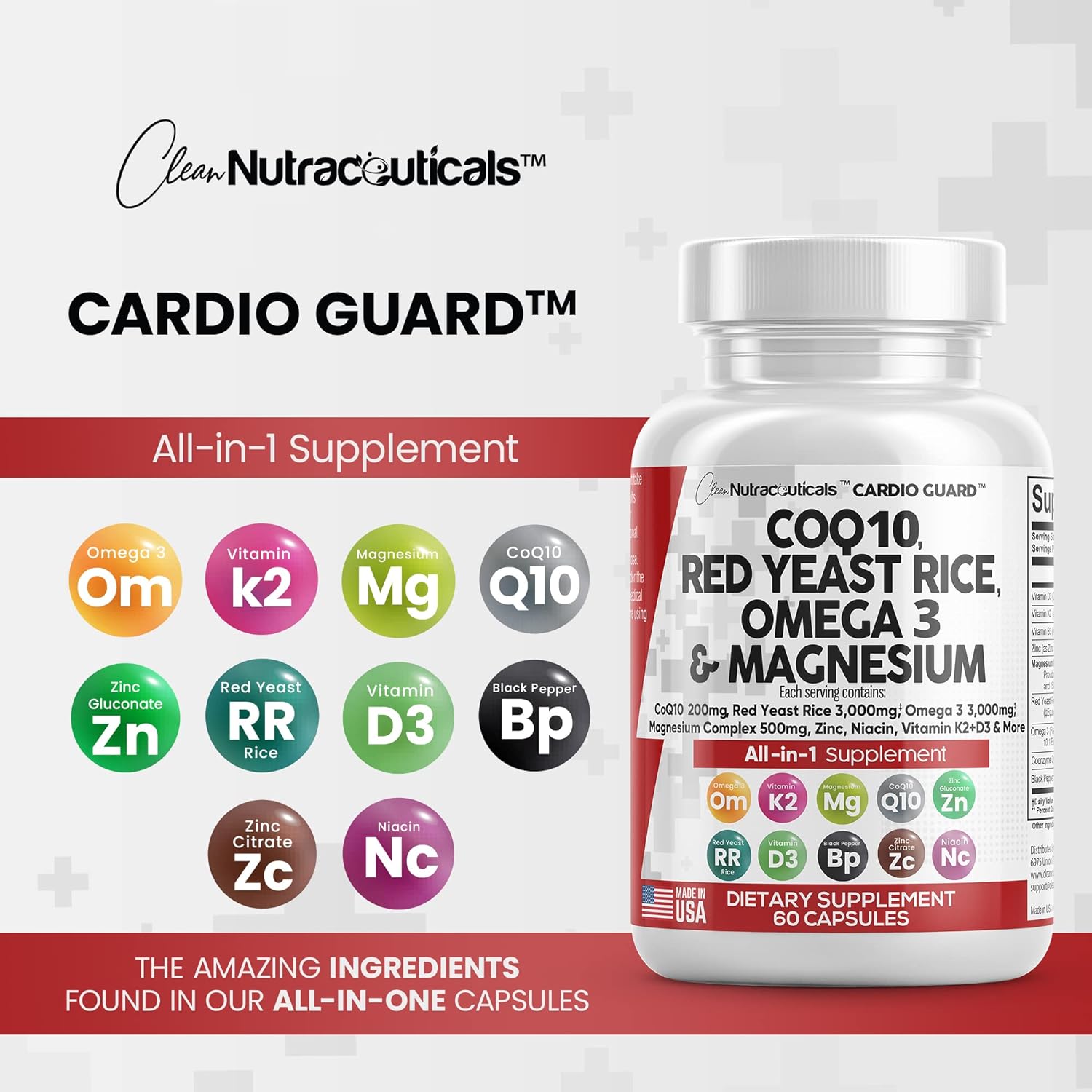 Clean Nutraceuticals COQ10 200mg Red Yeast Rice 3000mg Omega 3 3000mg Magnesium Complex 500mg Niacin Zinc Vitamin K2 D3 B3- Heart Health Support Vitamins for Women  Men with Coenzyme Q10-60 Ct