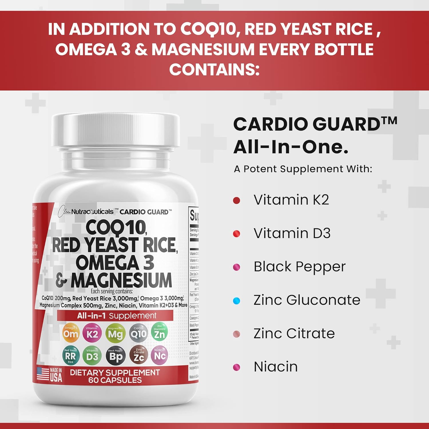 Clean Nutraceuticals COQ10 200mg Red Yeast Rice 3000mg Omega 3 3000mg Magnesium Complex 500mg Niacin Zinc Vitamin K2 D3 B3- Heart Health Support Vitamins for Women  Men with Coenzyme Q10-60 Ct