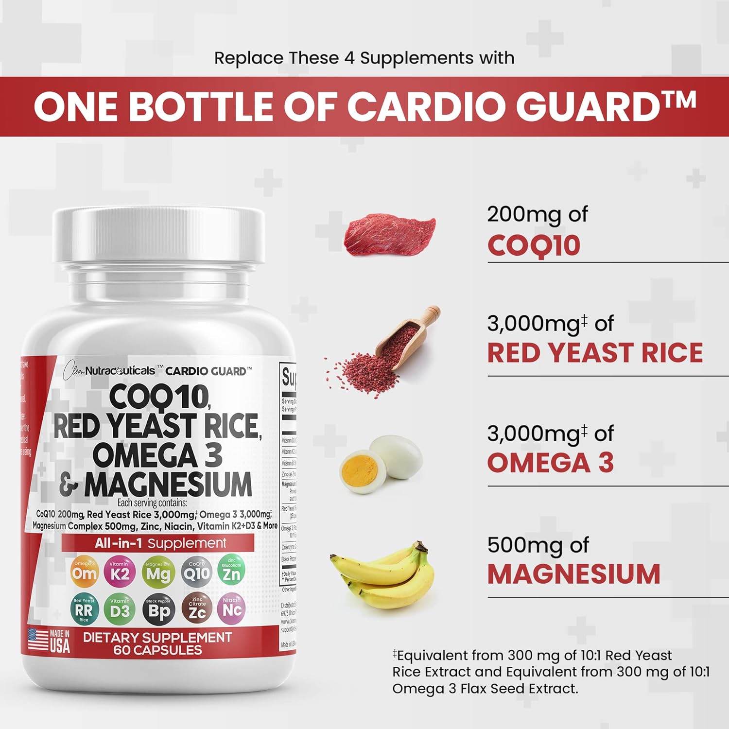 Clean Nutraceuticals COQ10 200mg Red Yeast Rice 3000mg Omega 3 3000mg Magnesium Complex 500mg Niacin Zinc Vitamin K2 D3 B3- Heart Health Support Vitamins for Women  Men with Coenzyme Q10-60 Ct