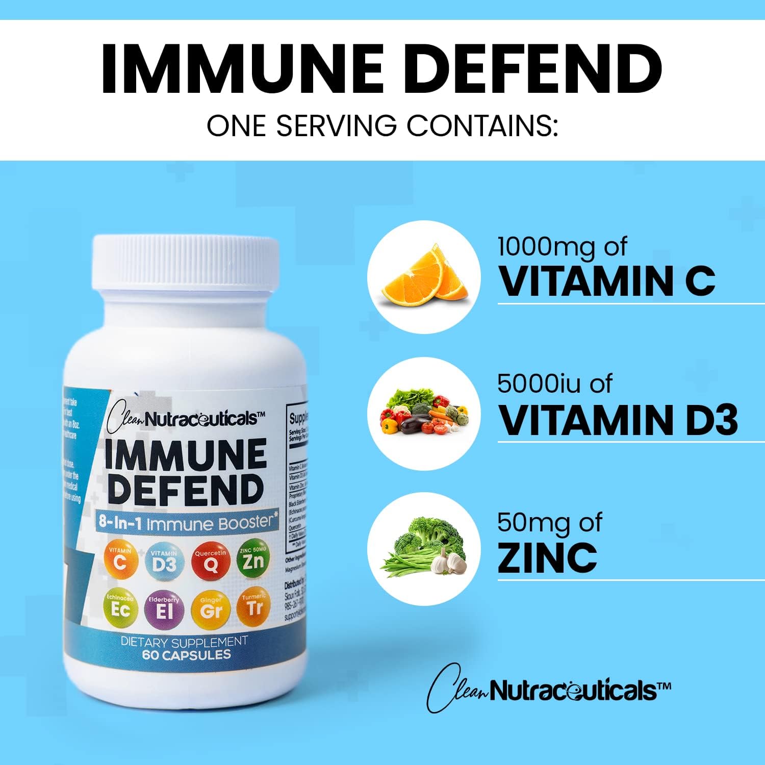 Clean Nutraceuticals Immune Defense Support Supplement 8 in 1 w/Zinc 50mg Quercetin, VIT C 1000mg, Vitamin D3 5000 IU, Elderberry, Turmeric, Echinacea, Immunity System Booster Adults Vegan, 60Ct (USA)