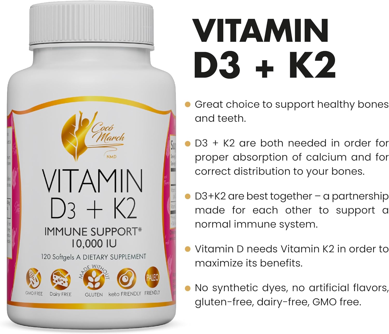 Coco March Vitamin D3+K2 10,000 IU - 4 Month Supply HIGH Potency - Immune  Joint Health Gluten Free, GMO Free, Dairy Free, Keto Friendly, Paleo Friendly, 250 mcg of D3-180 mcg of Vitamin K2