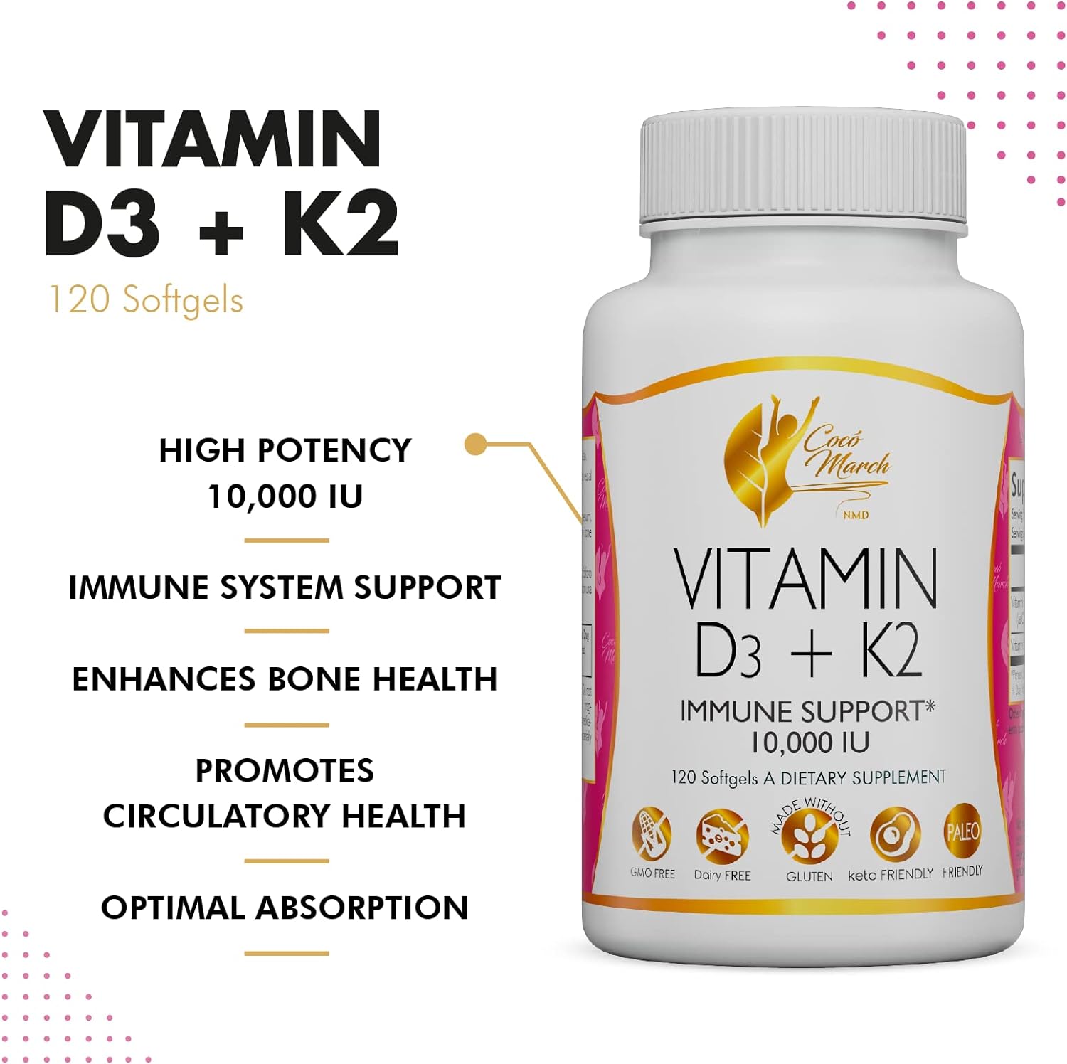 Coco March Vitamin D3+K2 10,000 IU - 4 Month Supply HIGH Potency - Immune  Joint Health Gluten Free, GMO Free, Dairy Free, Keto Friendly, Paleo Friendly, 250 mcg of D3-180 mcg of Vitamin K2