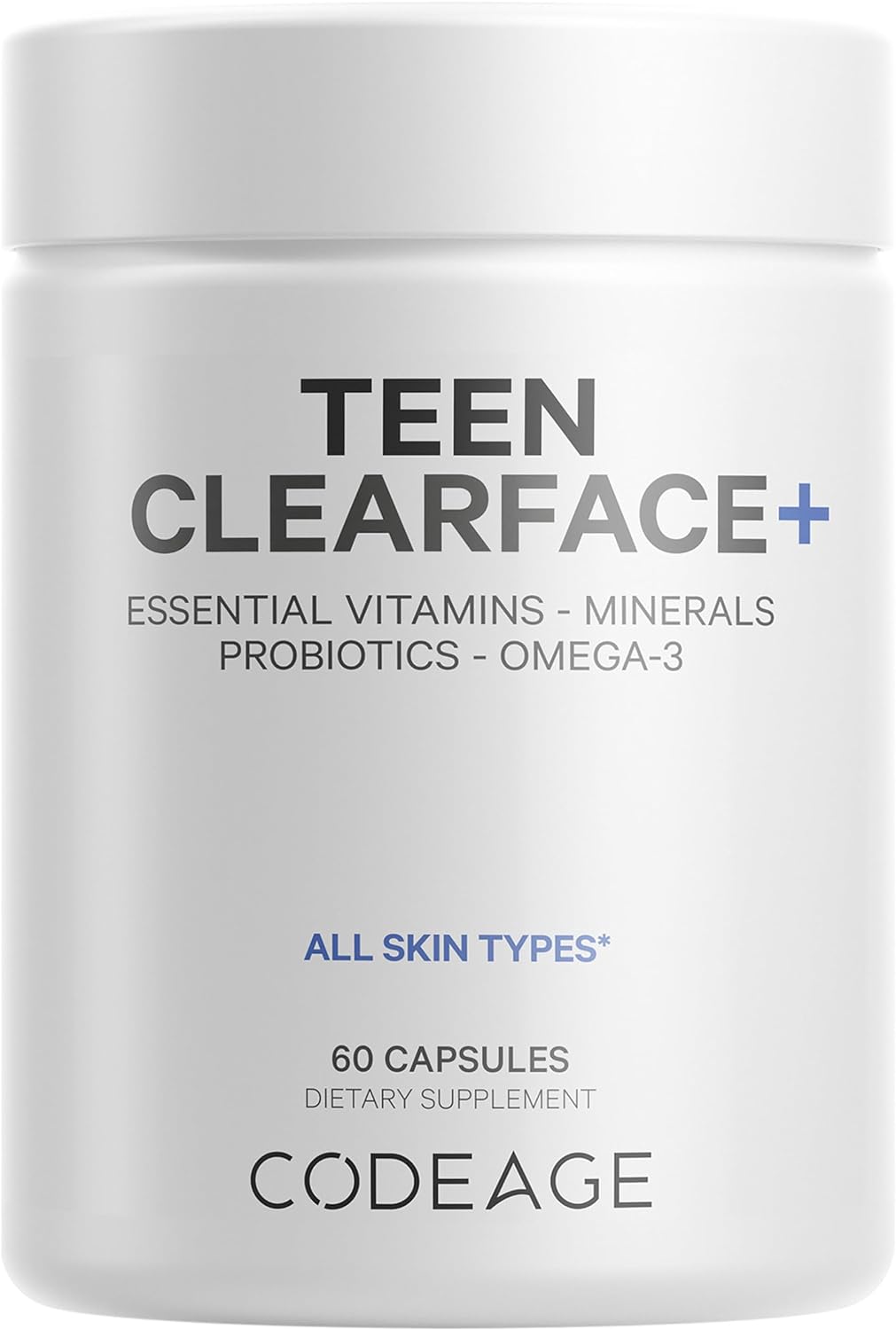 Codeage Teen Clearface Adolescent Face, Skin  Pimples, Vitamins A, C, D3, E, Pantothenic Acid, Niacin, Zinc Supplement Teenagers, Probiotics, L-Lysine, Omega-3, Oily Skin, Pores, Spots - 60 Capsules