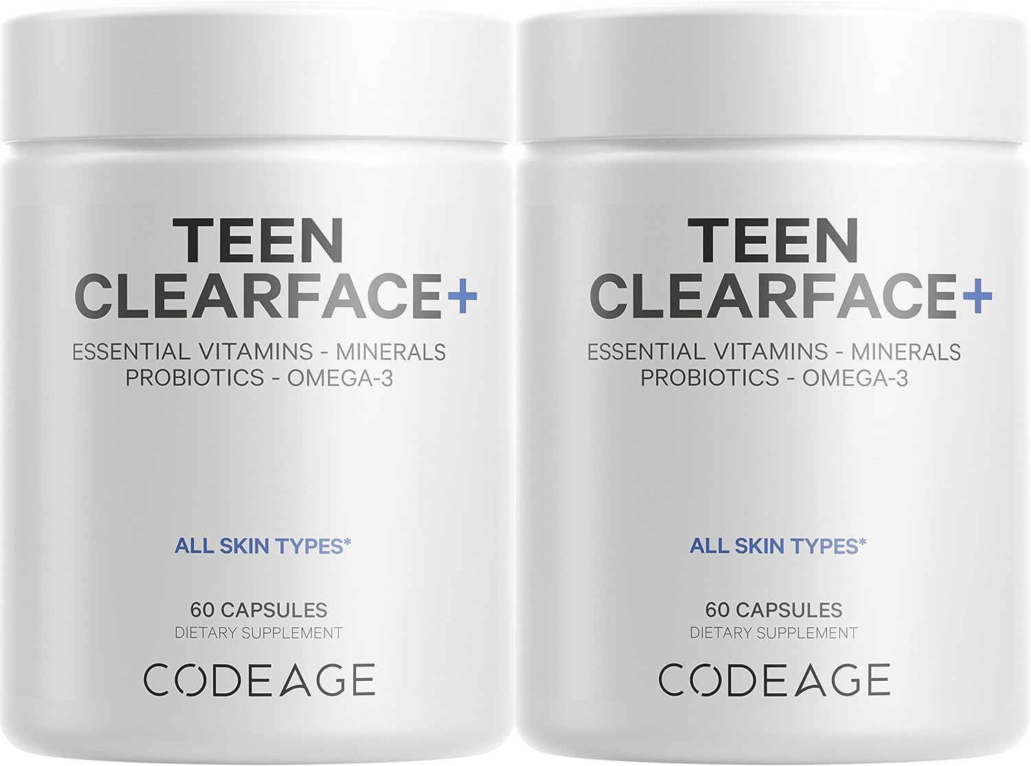 Codeage Teen Clearface Adolescent Face, Skin  Pimples, Vitamins A, C, D3, E, Pantothenic Acid, Niacin, Zinc Supplement Teenagers, Probiotics, L-Lysine, Omega-3, Oily Skin, Pores, Spots - 60 Capsules