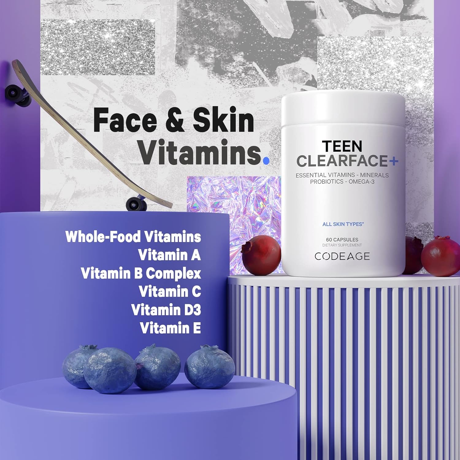 Codeage Teen Clearface Adolescent Face, Skin  Pimples, Vitamins A, C, D3, E, Pantothenic Acid, Niacin, Zinc Supplement Teenagers, Probiotics, L-Lysine, Omega-3, Oily Skin, Pores, Spots - 60 Capsules