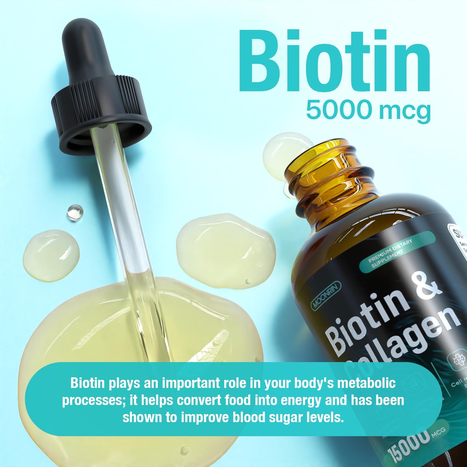 Collagen and Biotin Liquid Drops 15000mcg – Natural Hair Skin Nails Vitamins – Support Fast Hair Growth – Collagen 10000mcg, Biotin 5000mcg – Rapid Absorption – 2 Fl Oz