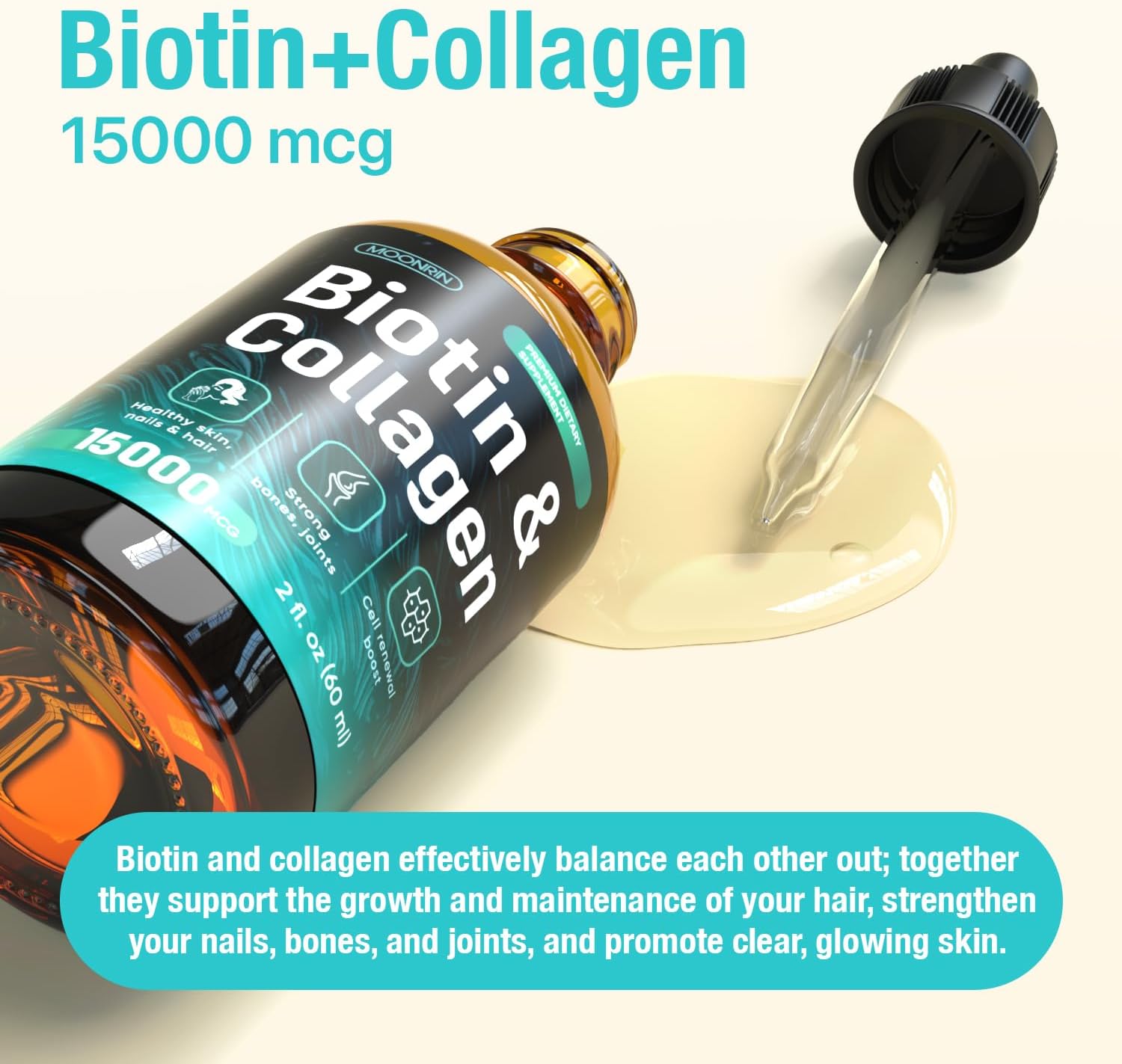 Collagen and Biotin Liquid Drops 15000mcg – Natural Hair Skin Nails Vitamins – Support Fast Hair Growth – Collagen 10000mcg, Biotin 5000mcg – Rapid Absorption – 2 Fl Oz