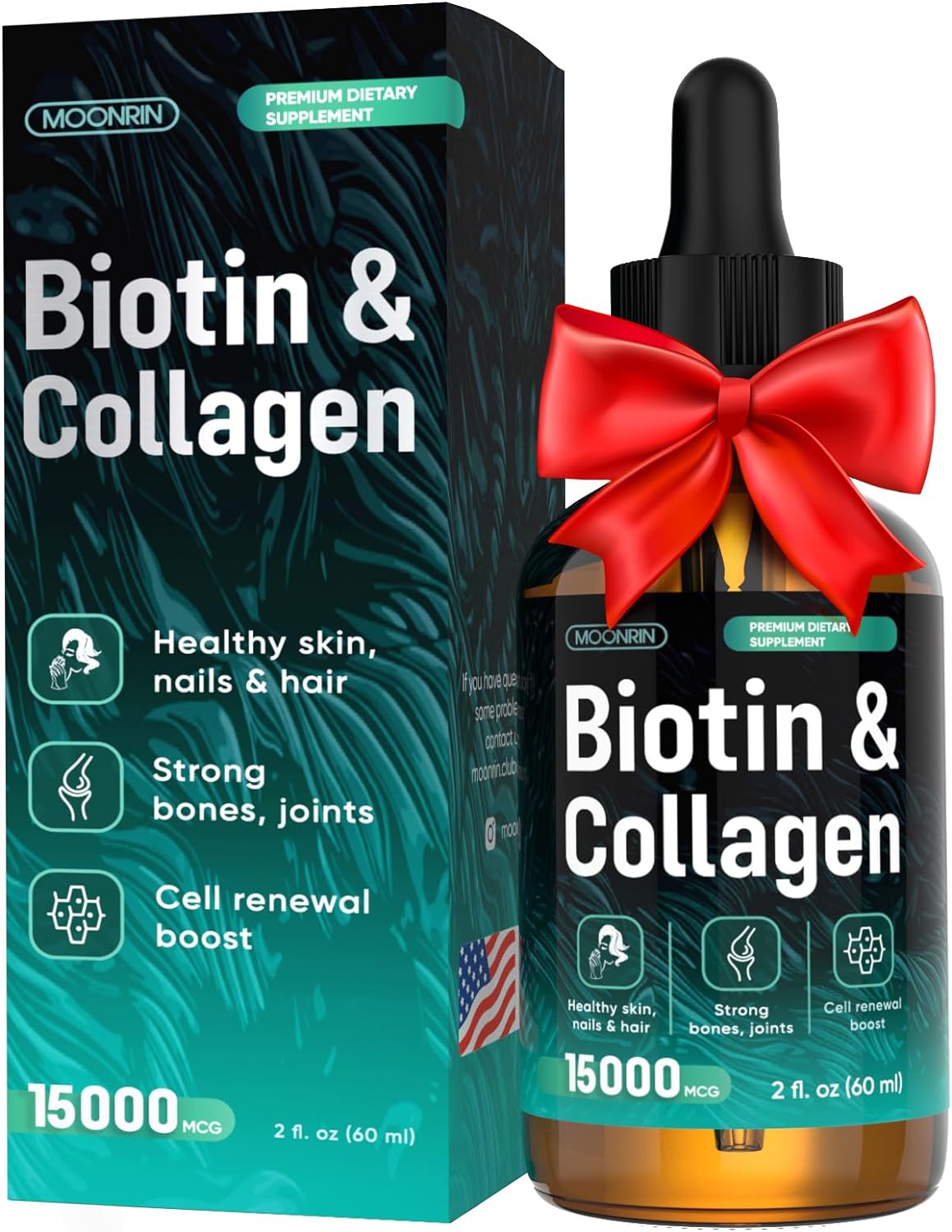 Collagen and Biotin Liquid Drops 15000mcg – Natural Hair Skin Nails Vitamins – Support Fast Hair Growth – Collagen 10000mcg, Biotin 5000mcg – Rapid Absorption – 2 Fl Oz