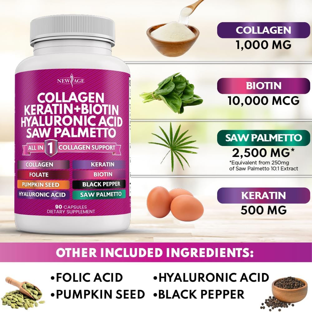 Collagen Pills 1000mg Biotin 10000mcg Keratin Saw Palmetto 2500mg Hyaluronic Acid - Hair Skin and Nails Vitamins and DHT Blocker with Vitamin E Folic Acid Pumpkin Seed MSM Made in USA - 180 Count