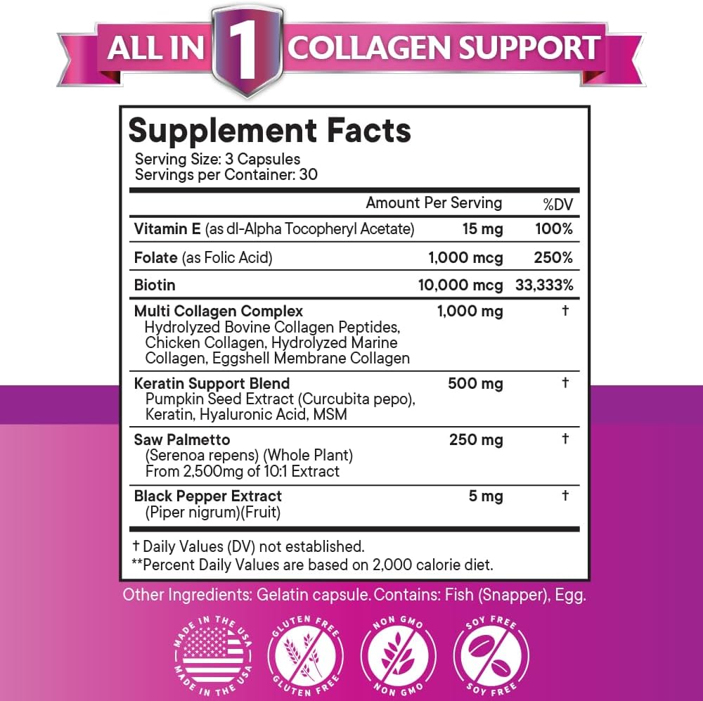 Collagen Pills 1000mg Biotin 10000mcg Keratin Saw Palmetto 2500mg Hyaluronic Acid - Hair Skin and Nails Vitamins and DHT Blocker with Vitamin E Folic Acid Pumpkin Seed MSM Made in USA - 180 Count