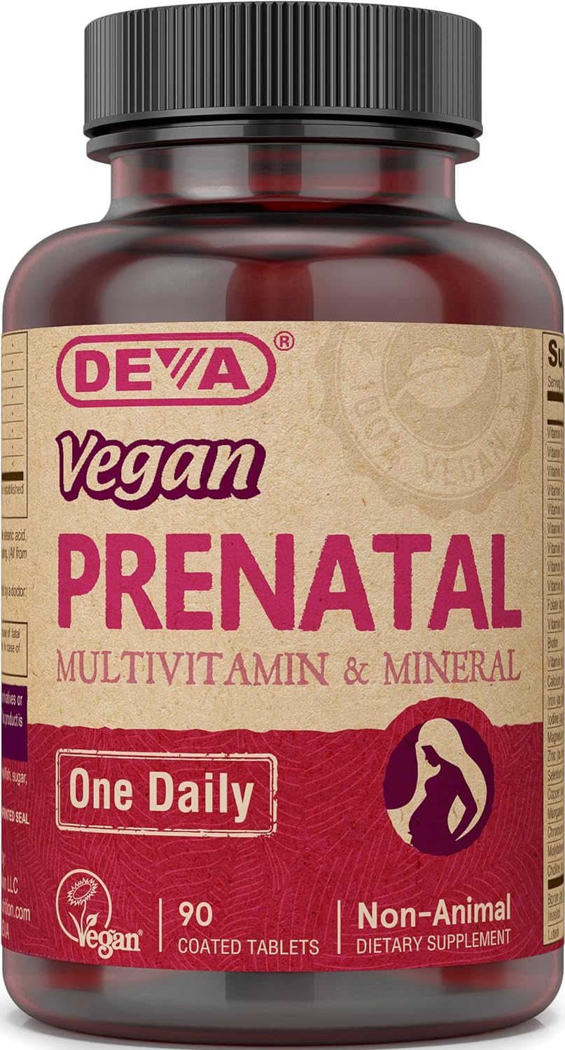 DEVA Vegan Prenatal Multivitamin and Mineral Supplement - Once-Per-Day Formula - Vitamins A, C, D, E, K, B Complex, with Folate  Chelated Iron - 90 Coated Tablets, 1-Pack
