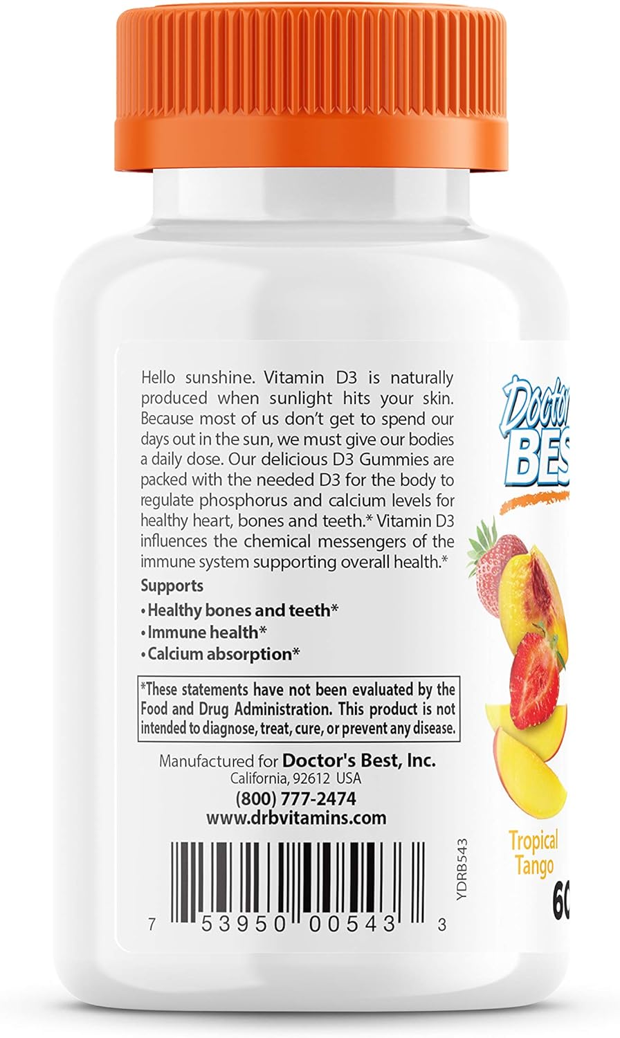 Doctors Best Vitamin D3 Gummies to Support Healthy Bones Immune System and Heart Health, Tropical Tango, 60 Count