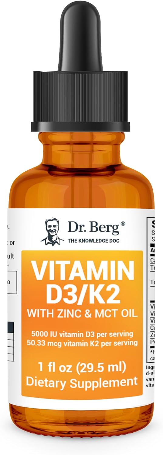 Dr. Berg Liquid Vitamin D3  K2 Supplement - For Bone, Teeth, Mood  Immune Health - Vitamin D3  K2 Drops for Adults - 1 fl oz