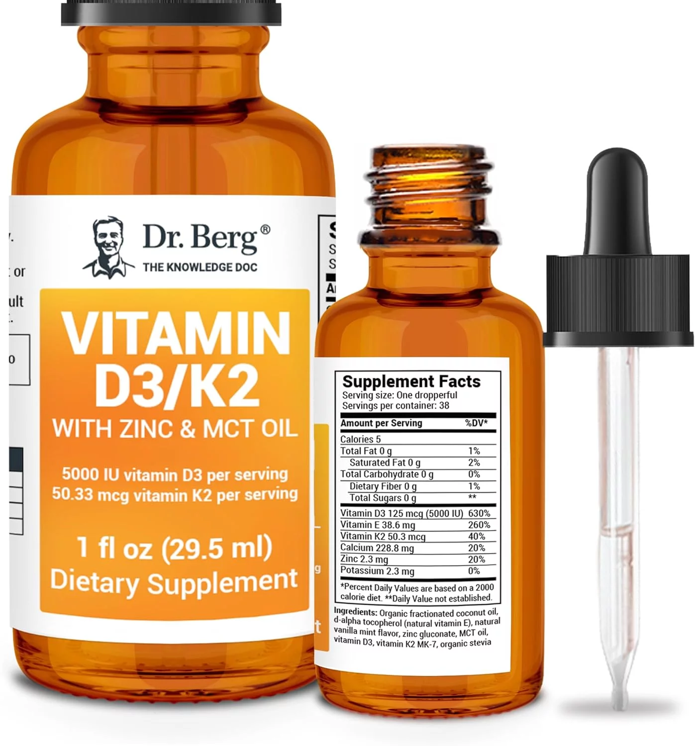Dr. Berg Liquid Vitamin D3  K2 Supplement - For Bone, Teeth, Mood  Immune Health - Vitamin D3  K2 Drops for Adults - 1 fl oz