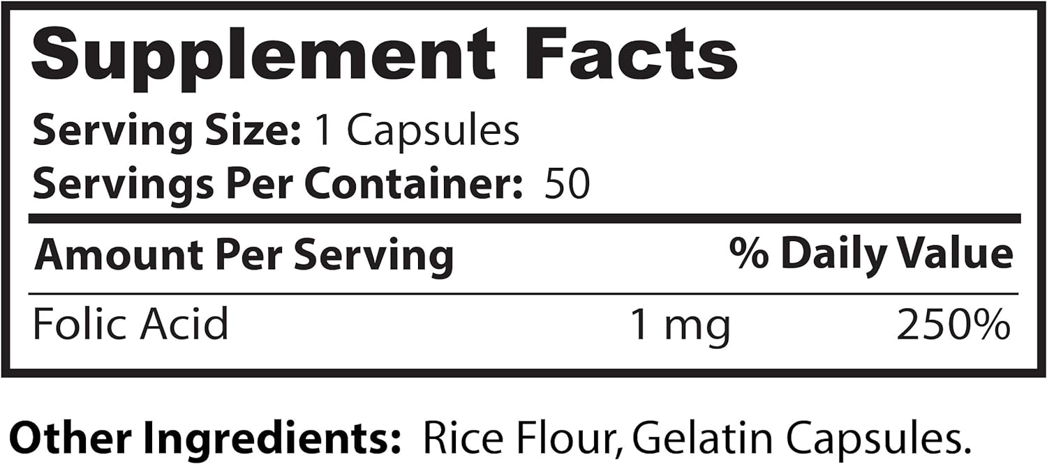 Dr. Clark Folic Acid (Vitamin B9) Supplement, 1mg, 50 Gelatin Capsules