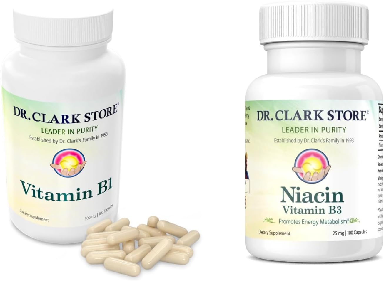 Dr. Clark Vitamin B1 Thiamine Supplement 100 Gelatin Capsules with Dr. Clark Niacin Vitamin B3 100 Gelatin Capsules