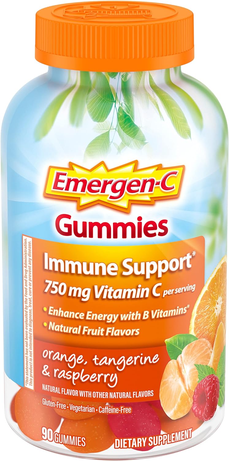 Emergen-C 750mg Vitamin C Gummies for Adults, Immunity Gummies with B Vitamins, Gluten Free, Orange, Tangerine and Raspberry Flavors, 45 Count (Pack of 1)