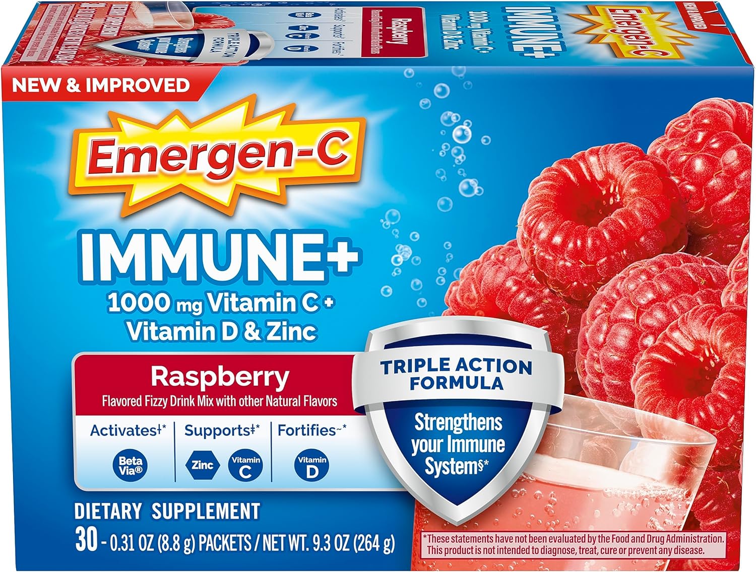 Emergen-C Immune+ Triple Action Immune Support Powder, BetaVia (R), 1000mg Vitamin C, B Vitamins, Vitamin D and Antioxidants, Raspberry – 30 Count