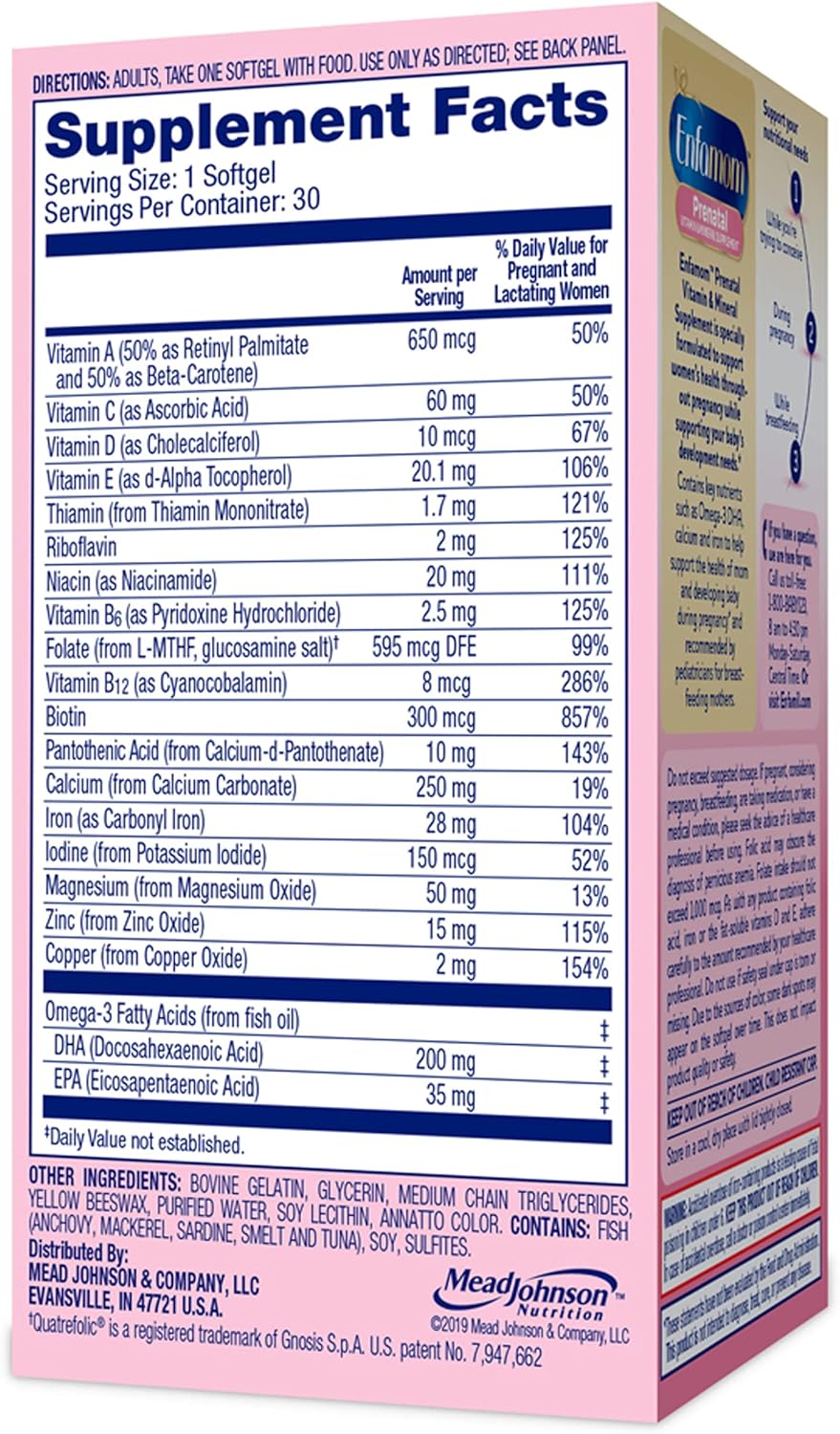 Enfamil Enfamom Prenatal Vitamin  Mineral, Supplement for Women with Calcium, Vitamin D, Vitamin C, Omega 3 DHA, 30 softgels (1 month supply)