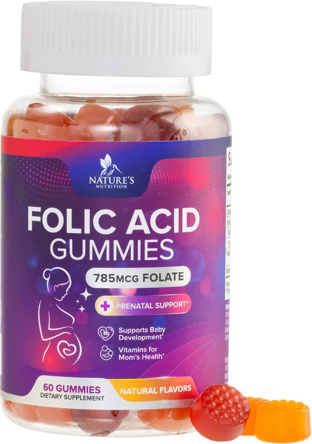 Folic Acid Gummies for Women 785 mcg, Essential Prenatal Vitamins for Mom  Baby, Vegan Folic Acid Supplement Gummy, B9 Chewable Extra Strength Folate for Before During After Pregnancy - 60 Gummies