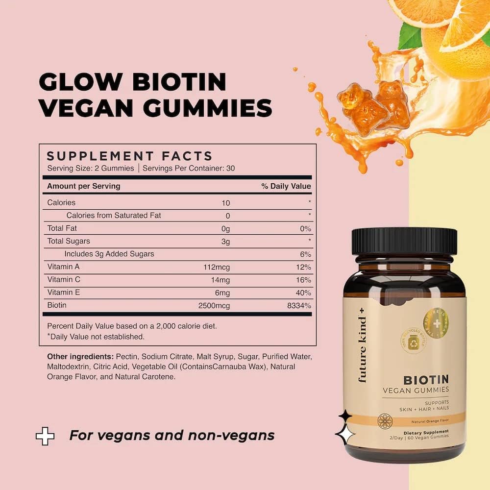 Future Kind Vegan Biotin Gummies (60ct) - Biotin Vitamins for Hair Skin and Nails with VIT A, C,  E - Vegan Hair Skin and Nails Vitamins for Women  Men - Orange Flavored Biotin Hair Growth Vitamins