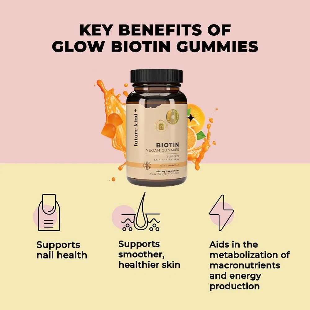 Future Kind Vegan Biotin Gummies (60ct) - Biotin Vitamins for Hair Skin and Nails with VIT A, C,  E - Vegan Hair Skin and Nails Vitamins for Women  Men - Orange Flavored Biotin Hair Growth Vitamins