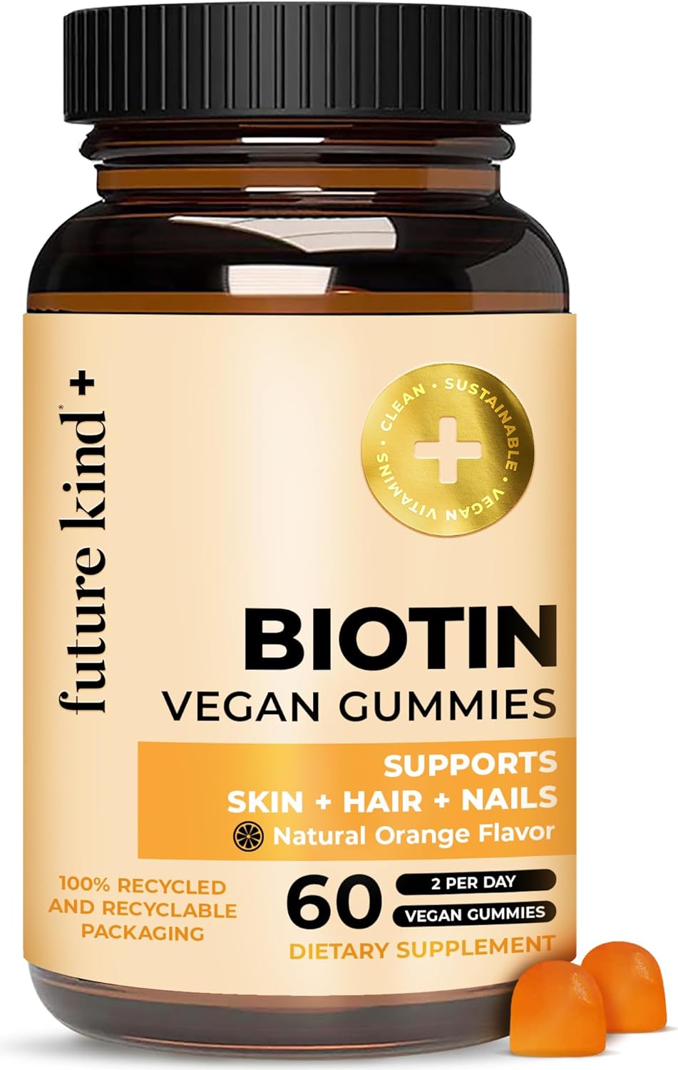 Future Kind Vegan Biotin Gummies (60ct) - Biotin Vitamins for Hair Skin and Nails with VIT A, C,  E - Vegan Hair Skin and Nails Vitamins for Women  Men - Orange Flavored Biotin Hair Growth Vitamins