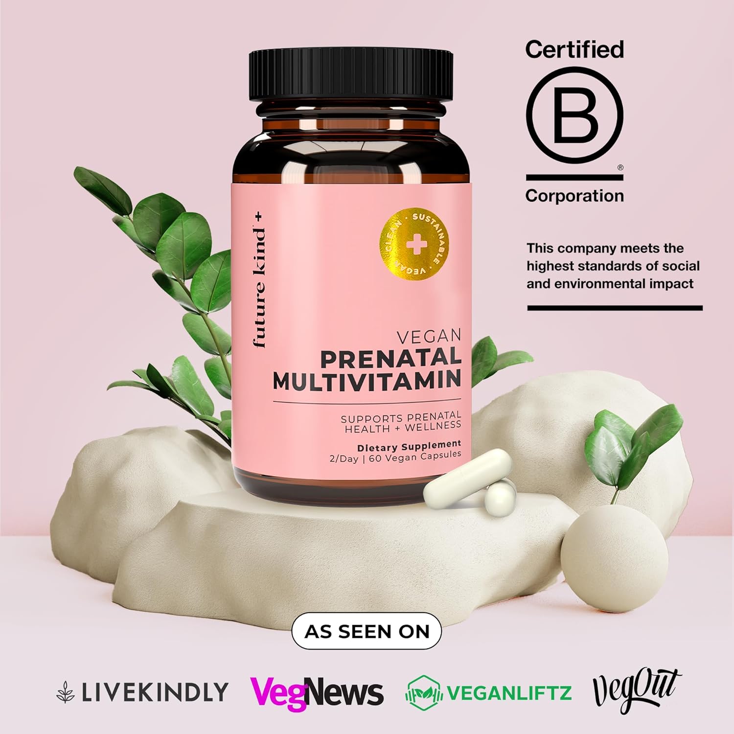 Future Kind Vegan Prenatal Vitamin - (60ct) Prenatal Vitamins with DHA  L-MethylFolate in Glass Bottle - Prenatal Folate Supplement for Women with Vitamin D  E, Iron, Biotin, Gluten-Free  Non-GMO