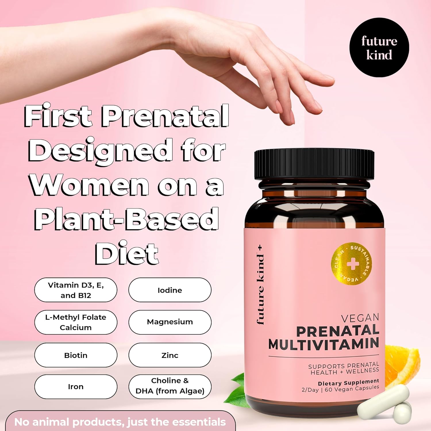 Future Kind Vegan Prenatal Vitamin - (60ct) Prenatal Vitamins with DHA  L-MethylFolate in Glass Bottle - Prenatal Folate Supplement for Women with Vitamin D  E, Iron, Biotin, Gluten-Free  Non-GMO