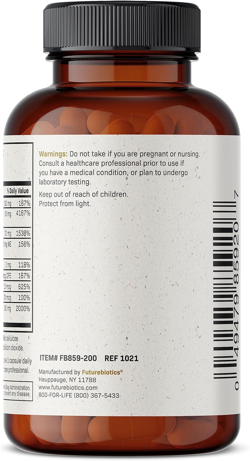 Futurebiotics Vitamin B Complex with Vitamin C Supports Energy Production, Nervous System  Immune Support - Non-GMO, 200 Vegetarian Capsules